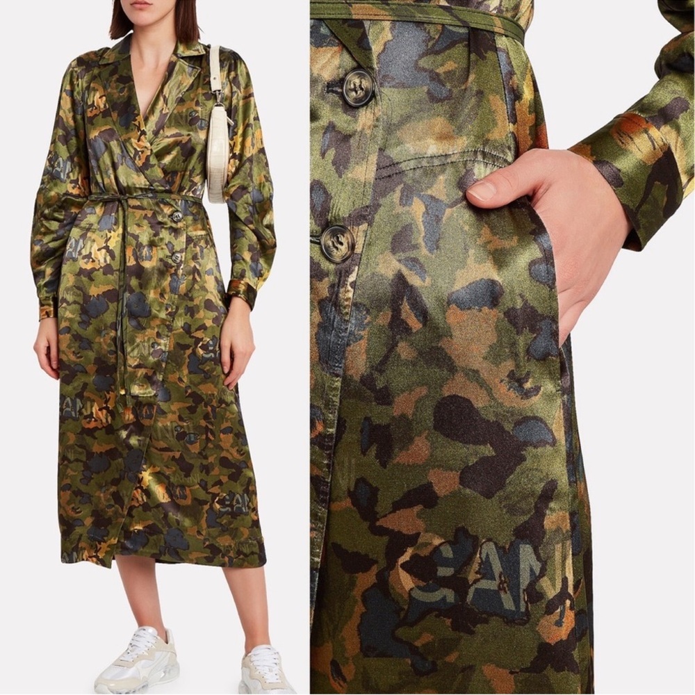 GANNI Camouflage Heavy Satin Coat Shirt Trench Dress Midi Maxi 36/ US 4